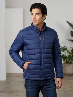 Kenneth Cole Reaction Men’s Full Zip Button Down Dark Blue Quilted Jacket Medium